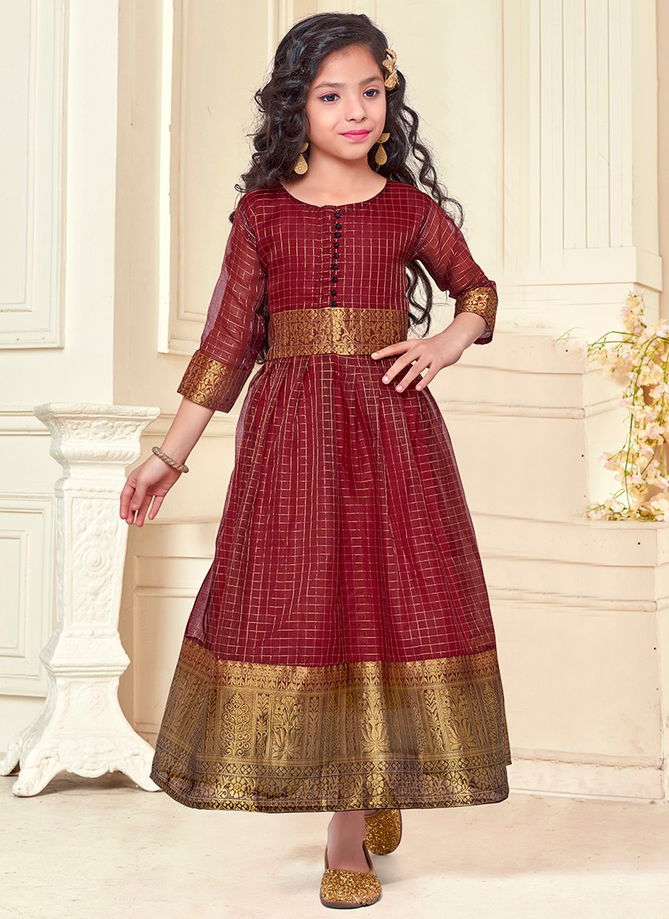 Maroon Colour Kids Wear Vol 2 RAHUL NX New Latest Organza Silk Kids Wear Gown Collection 1006